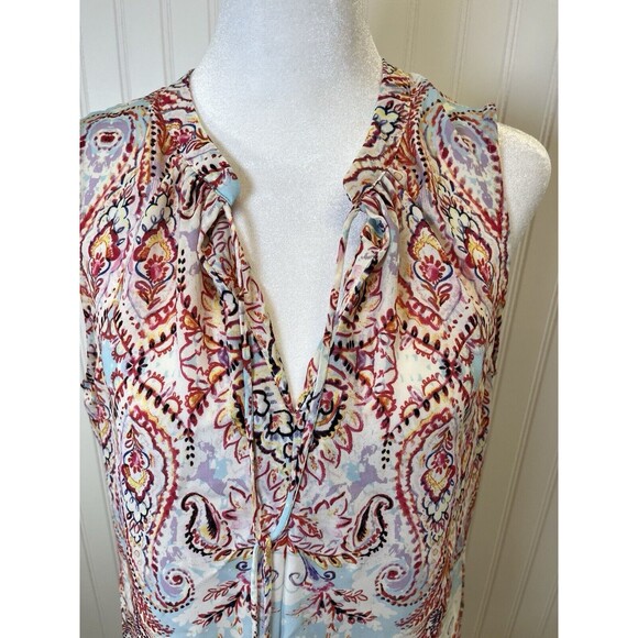 Rose & Olive Sleeveless Peasant Style Blouse, Tie Neck, Gorgeous Colors, Sz Med - Picture 5 of 11